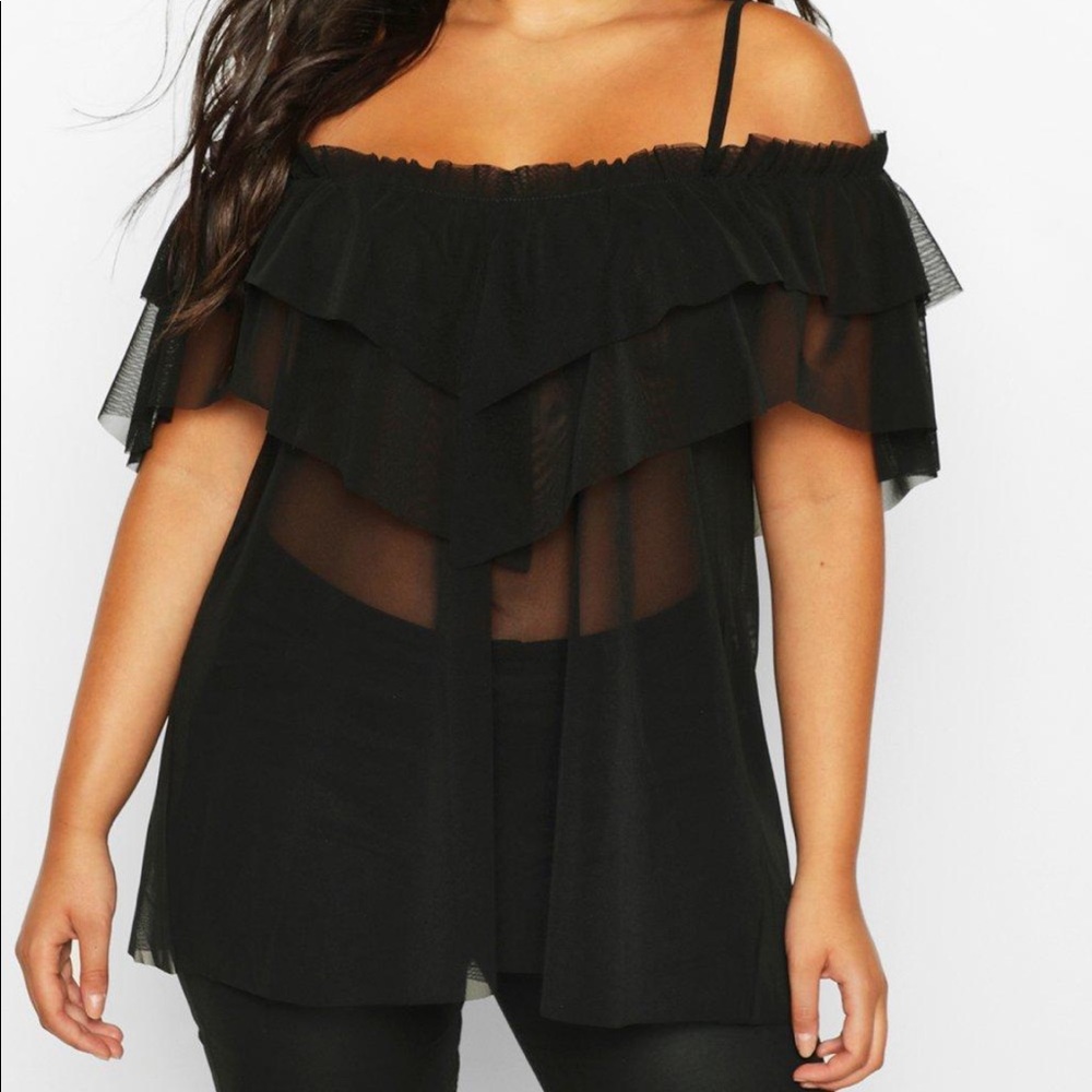 Boohoo Cold Shoulder Ruffle Mesh Top